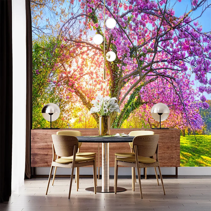 Pink Cherry Trees Green Grass Natural Garden Landscape Living Room Bedroom 3d Custom Self-adhesive Wallpaper Mural