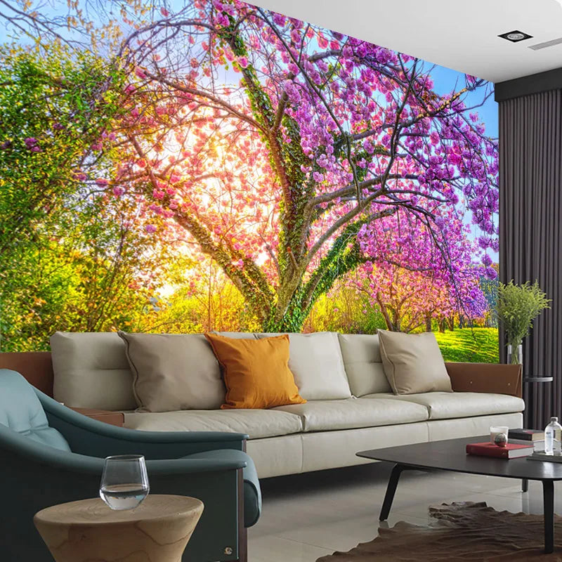 Pink Cherry Trees Green Grass Natural Garden Landscape Living Room Bedroom 3d Custom Self-adhesive Wallpaper Mural