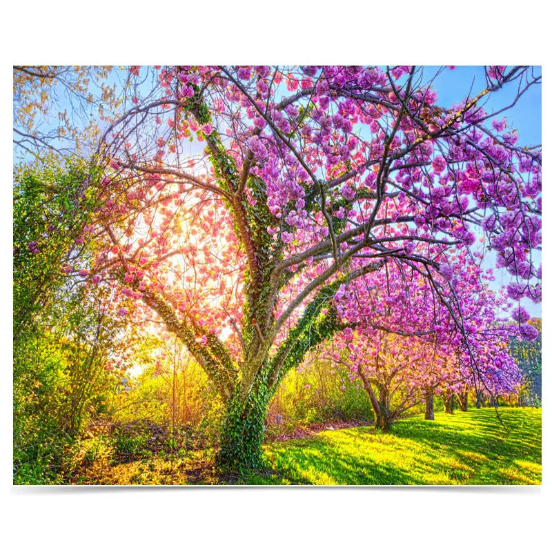 Pink Cherry Trees Green Grass Natural Garden Landscape Living Room Bedroom 3d Custom Self-adhesive Wallpaper Mural