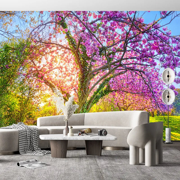 Pink Cherry Trees Green Grass Natural Garden Landscape Living Room Bedroom 3d Custom Self-adhesive Wallpaper Mural