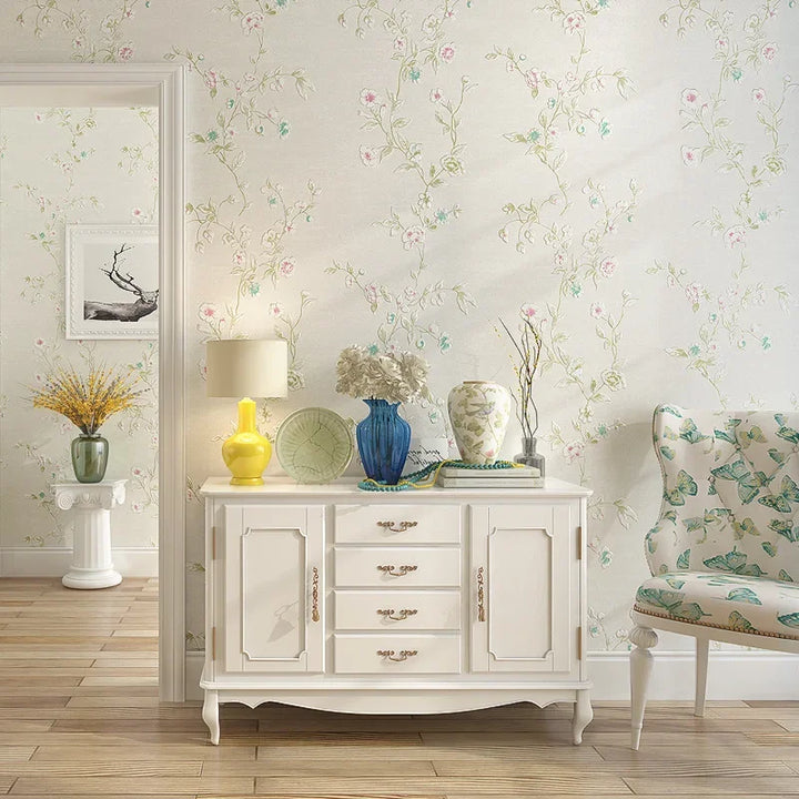 Roll Wallpaper American Garden Bedroom Wallpaper Romantic And Fresh Non-woven Vine Flower Living Room Wallpaper W142